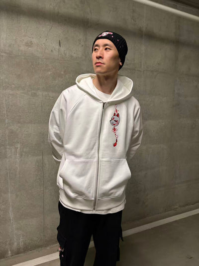 Embroidered Blossom and Kitsune Mask Zip Up (Oversized) - White