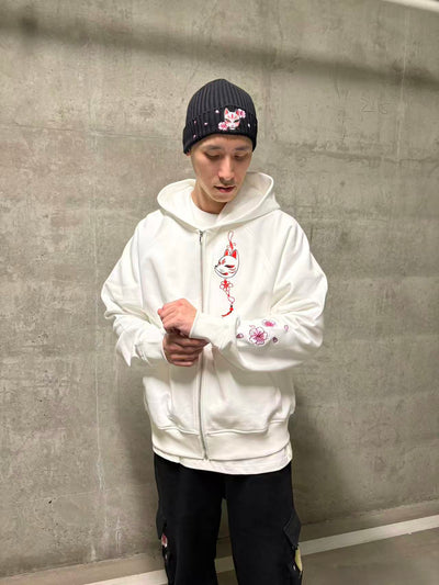 Embroidered Blossom and Kitsune Mask Zip Up (Oversized) - White